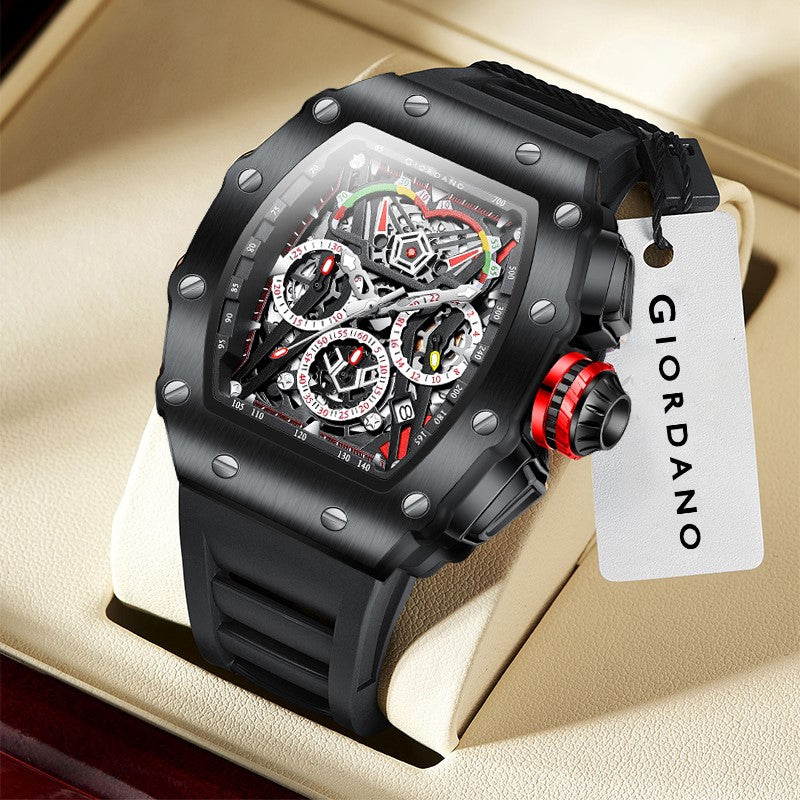 Giordano SPYDER Multifunction Watch - with Day, Date, and 24-Hour Sub-Dials | Water Resistant Square dial Unique Design Wrist Watch for Man | Best Gift for Males - GZ-50120-01